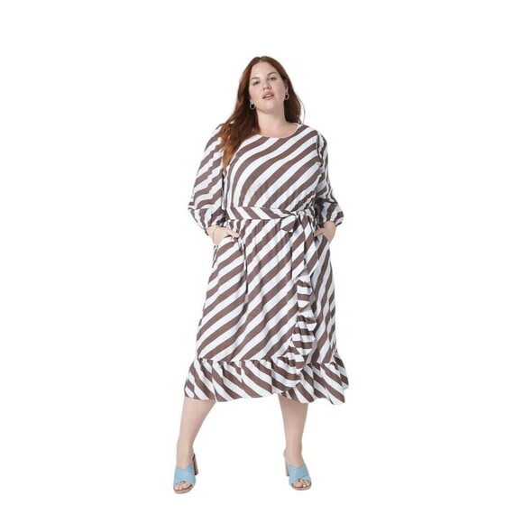 Lane Bryant Cottage Ruffle Hem Midi Dress Womens 24 Blouson Sleeve Striped NWT - Picture 1 of 7